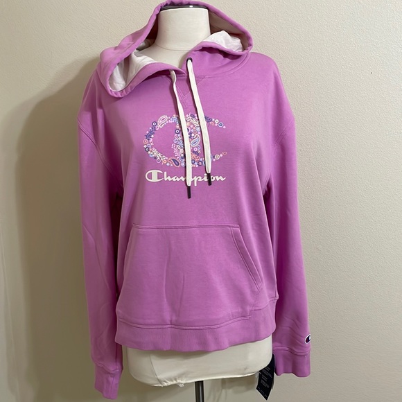 New CHAMPION Pink Violet French Terry Hoodie Logo Floral Front Size Large - Picture 3 of 12